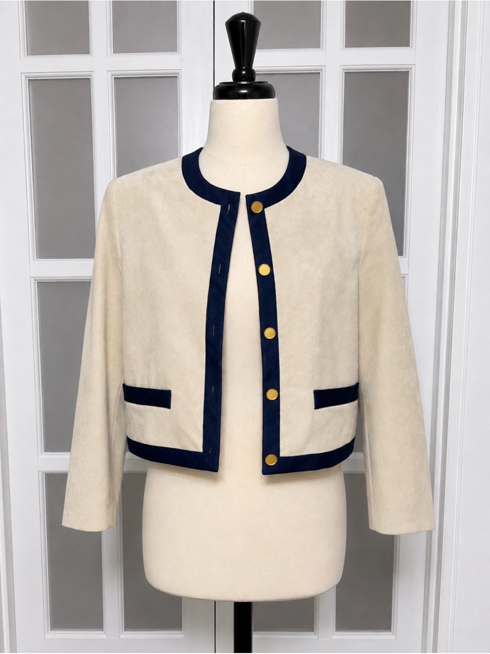 Vintage Parnes Feinstein Cream Suede Jacket Navy Trim Gold Buttons M
